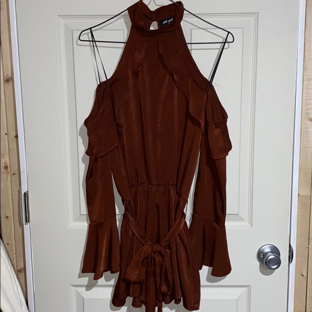 Wet Seal Brown Cold Shoulder Belted Romper